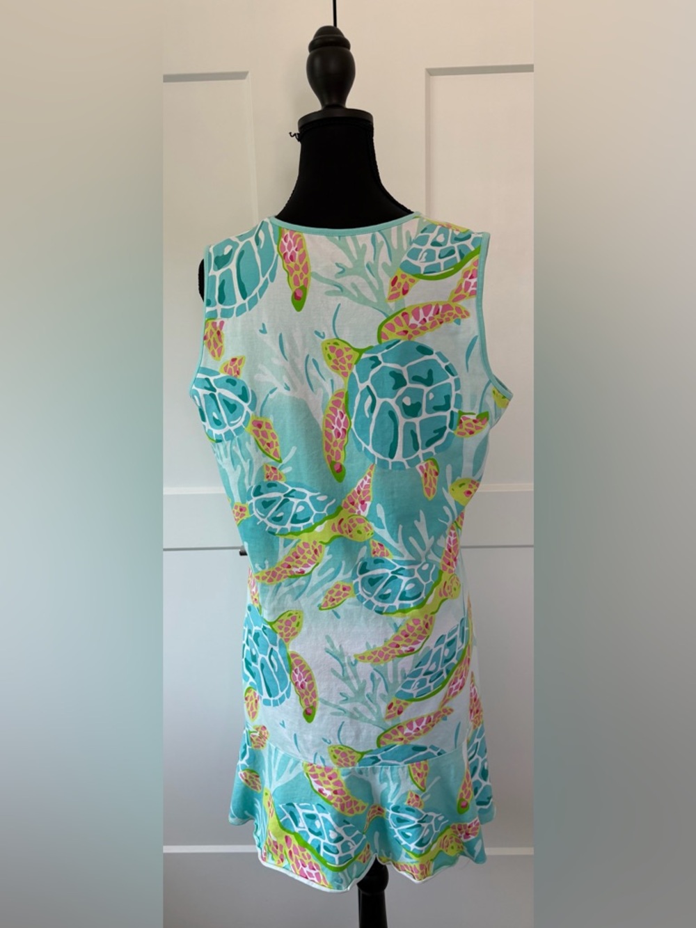 EUC AnaClare Sleeveless‎ Sea Turtle Print Shift Dress in Aqua & Lime, Large - Picture 6 of 9